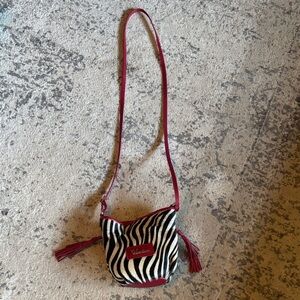 Valentina Zebra Print pony hair Crossbody Bag with Red leather Accents